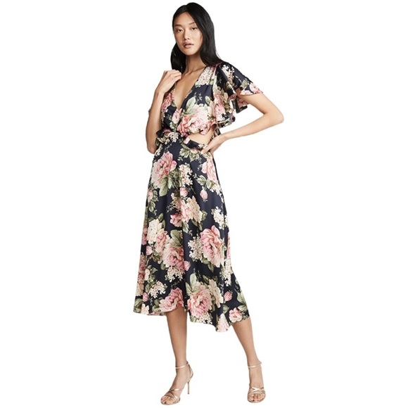 Divine Heritage Floral Cutout V Neck Tie Keyhole Back Flutter Sleeve Midi Dress - Picture 6 of 16